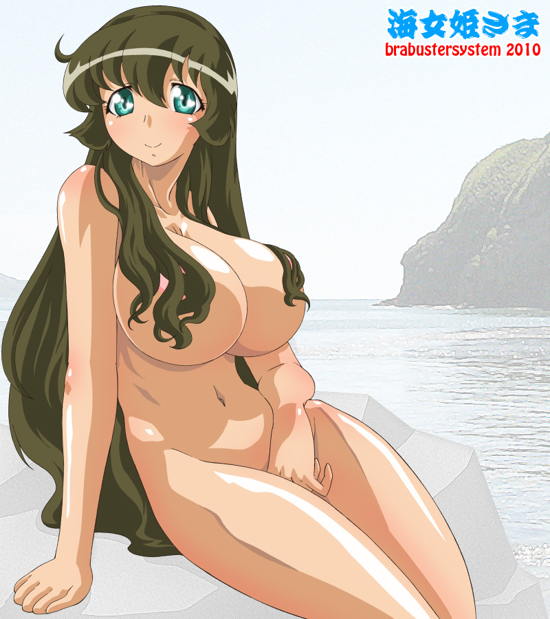 1girl brabustersystem breasts brown_hair censor_hair censored convenient_censoring copyright_request gif green_eyes hair_censor hair_over_breasts huge_breasts long_hair magutan md5_mismatch nude smile solo