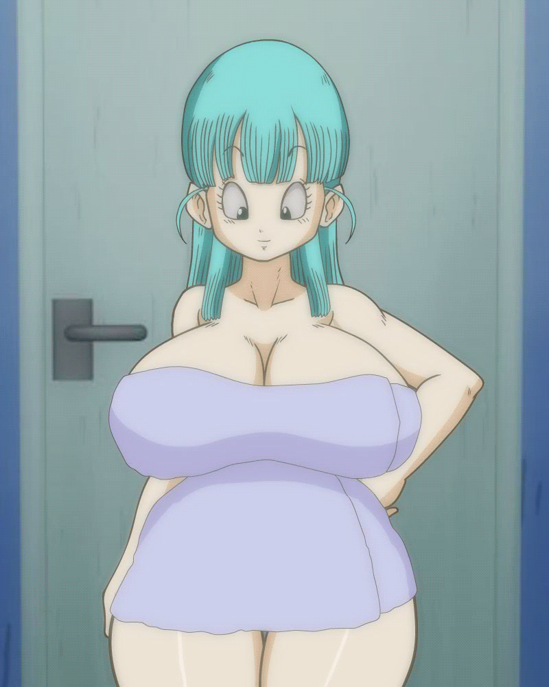 1girl 2023 abs areola athletic_female bathroom big_breasts blue_hair bouncing_breasts breasts bulma_brief cowboy_shot dragon_ball female female_only gif hair hand_on_hip high_res huge_breasts looking_down naked_towel nipples pervertoons pussy riffsandskulls sexy sexy_body sexy_breasts shaved_pussy short_playtime shounen_jump smile standing towel undressing