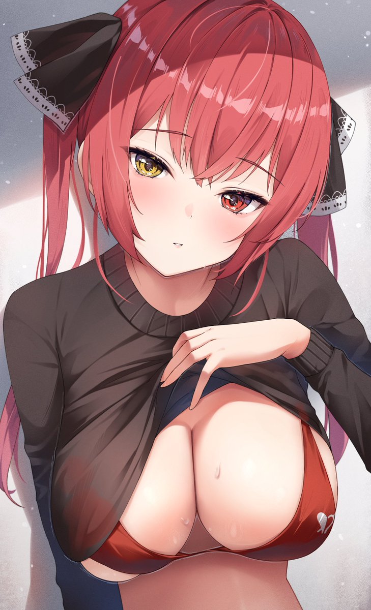 1girl 1girl arrow_through_heart big_breasts bikini black_sweater breasts cleavage clothes_lift hair_ribbon heterochromia high_res hololive houshou_marine iroha_(unyun) lifted_by_self long_hair long_sleeves looking_at_viewer parted_lips red_bikini red_eyes red_hair ribbon sidelocks sweater sweater_lift swimsuit twin_tails upper_body virtual_youtuber yellow_eyes