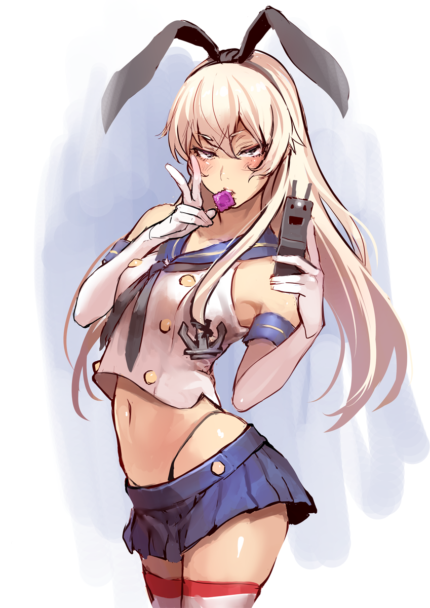1girl anchor anchor_hair_ornament belly black_panties blonde_hair blush brown_eyes cellphone condom condom_in_mouth condom_wrapper elbow_gloves gloves hair hair_ornament hairband highleg highleg_panties highres kantai_collection long_hair looking_at_viewer midriff mouth_hold navel nbo panties personification phone rensouhou-chan rough self_shot shimakaze_(kantai_collection) sketch skirt solo stockings striped striped_legwear thighhighs underwear v white_gloves