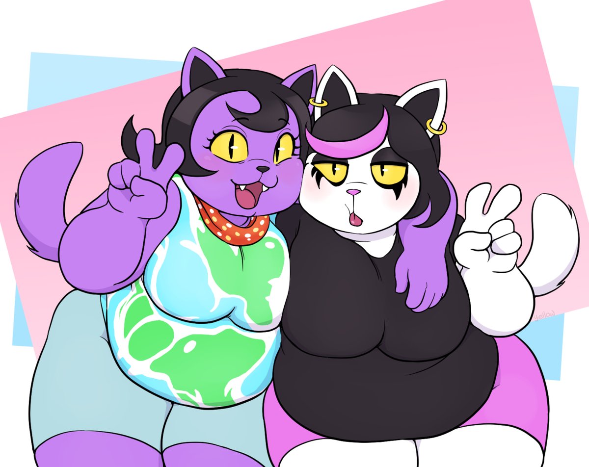 2010s 2018 2d 2d_(artwork) 2girls anthro anthro_only arm_around_shoulder arm_over_shoulder blep breasts cat cat_paws catti_(deltarune) catty_(undertale) chubby chubby_anthro chubby_female clothed deltarune digital_media_(artwork) domestic_cat duo duplicate earring earrings felid feline felis female_only furry furry_female furry_only lower_resolution_duplicate open_mouth overweight overweight_anthro overweight_female purple_body purple_fur sisters slit_pupils tail tongue_out undertale undertale_(series) v v_sign video_game_character video_games white_body white_fur yellow_sclera yellowhellion