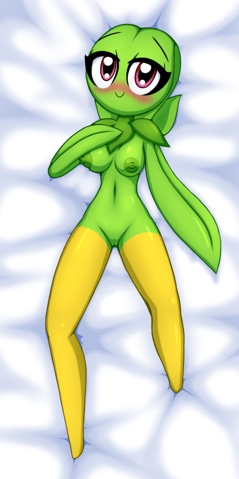 1girl anthro areola bed bedding bedding_background bedroom_eyes bella_(screwroot) big_breasts blush breasts completely_nude completely_nude_female dakimakura dakimakura_design erect_nipples female female_only flora_fauna front_view full_body green_body half-closed_eyes hand_on_chest hips laying laying_down looking_at_viewer navel nipples nude nude_female original plant plant_girl purple_eyes pussy screwroot smile solo thighs