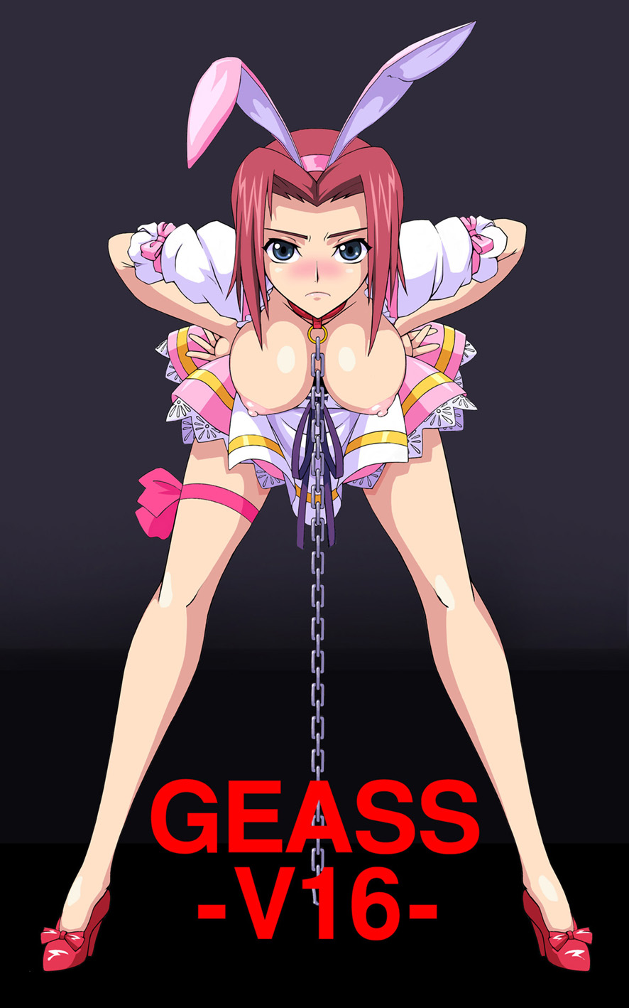 1girl akira_(viper) akira_(viper)_(cosplay) animal_ears bdsm blue_eyes blush breasts breasts_apart bunny_ears chain chains cleavage code_geass collar cosplay down_blouse downblouse erect_nipples fake_animal_ears female hands_on_hips hanging_breasts high_heels highres kallen_stadtfeld large_breasts leash looking_at_viewer muimui nipples red_hair shoes short_hair solo topless viper viper_v16 waitress