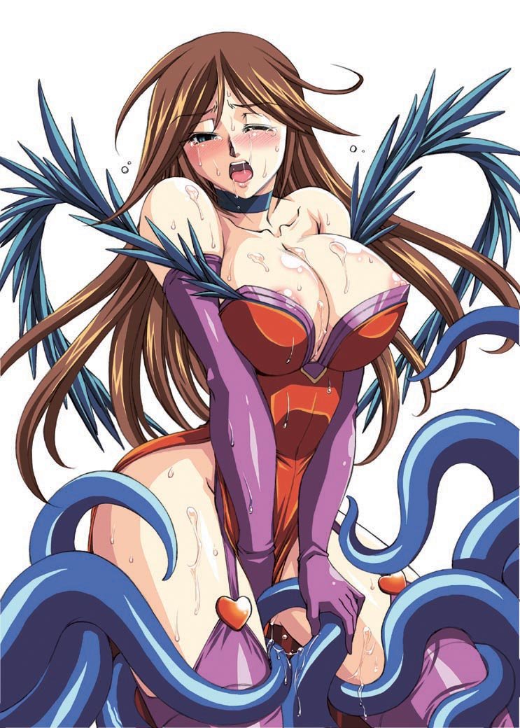 1girl areolae b-river bare_shoulders between_legs biriba blush bra breasts brown_hair collarbone covering covering_crotch dress elbow_gloves funikura gloves heart huge_breasts leg_grab long_hair nipples nix nyx one_eye_closed open_mouth purple_bra purple_gloves purple_legwear queen's_blade queen's_blade red_dress solo sweat tears tentacle tentacles tentacles_under_clothes thighhighs underwear v_arms wink