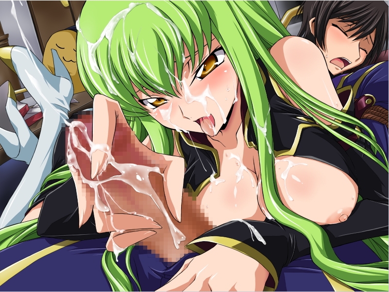 1boy 1girl aquamu assertive blush boots breasts brown_eyes brown_hair c.c. cc censored cheese-kun cleavage closed_eyes code_geass cum cum_on_body cum_on_breasts cum_on_hair cum_on_upper_body ejaculation facial femdom green_hair hair handjob high_heels kallen_stadtfeld lelouch_lamperouge lying lying_on_person naughty_face on_person open_clothes open_mouth open_shirt penis pizza_hut shirt shoes tongue yamagarasu yellow_eyes