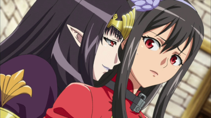 2girls anime big_breasts black_hair breast_grab breasts dutch_angle erect_nipples gif long_hair queen's_blade queen's_blade_rebellion red_eyes smile tagme yuri