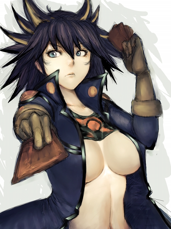 1girl black_hair blue_eyes breasts card cards fudou_yuusei fumio_(rsqkr) genderswap gloves holding holding_card huge_breasts humio jacket multicolored_hair open_clothes open_shirt rule_63 shirt shirt_lift short_hair solo streaked_hair yu-gi-oh! yu-gi-oh!_5d's yuu-gi-ou yuu-gi-ou_(card) yuu-gi-ou_5d's yuu-gi-ou_5d's yuusei_fudou