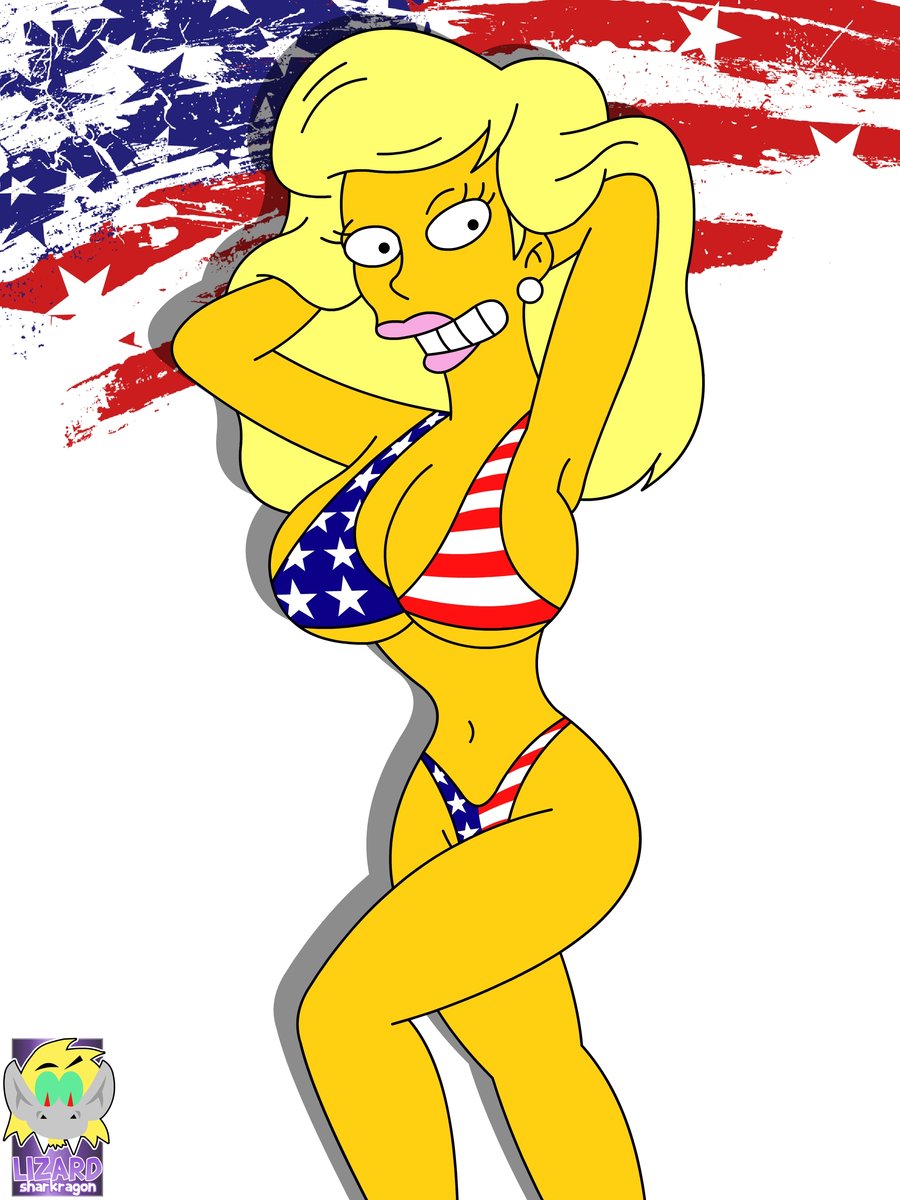 american_flag_bikini big_breasts blonde_hair cleavage huge_breasts lizardsharkragon solo_female the_simpsons titania_(the_simpsons) yellow_skin