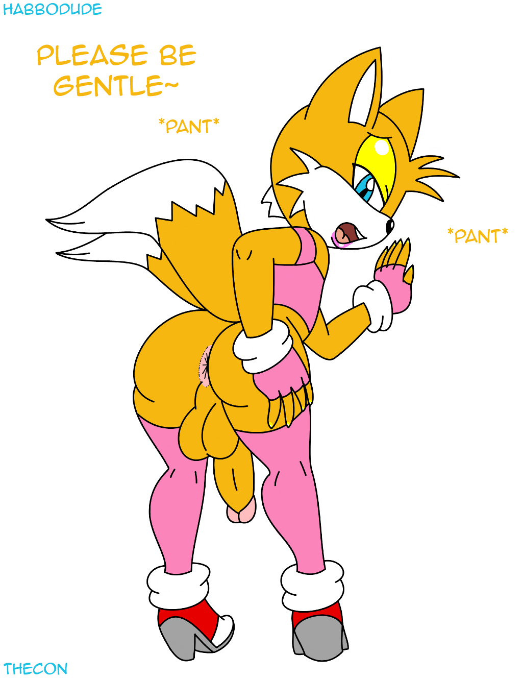 anthro anus ass big_ass blue_eyes bottomless canine english_text erection fox girly habbodude hair inviting looking_at_viewer looking_back male miles_"tails"_prower orange_hair penis seductive sega skimpy sonic_(series) testicles text thecon
