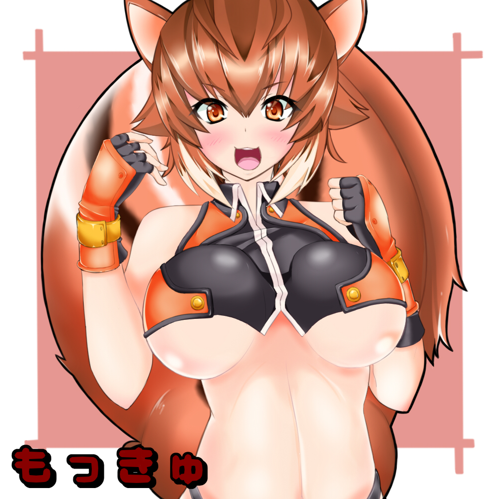 1girl animal_ears arc_system_works blazblue blazblue:_continuum_shift blush breasts brown_eyes brown_hair fingerless_gloves gloves highres large_breasts looking_at_viewer makoto_nanaya midriff mokkyu revealing_clothes smile solo squirrel_ears squirrel_tail tail underboob