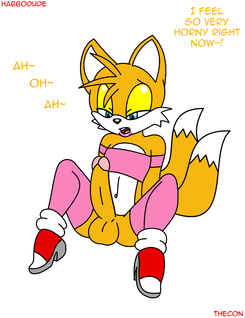 anthro blue_eyes bottomless canine erection fox girly habbodude hair male miles_"tails"_prower navel orange_hair penis sega skimpy solo sonic_(series) testicles text thecon