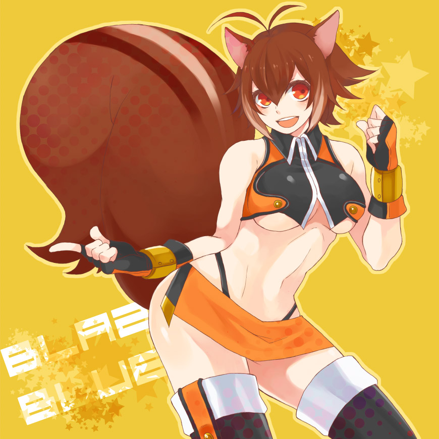 1girl animal_ears antenna_hair arc_system_works artist_request bad_id bare_shoulders blazblue blazblue:_continuum_shift boots breasts brown_eyes brown_hair copyright_name fingerless_gloves gloves makoto_nanaya midriff navel orange_skirt revealing_clothes short_hair skirt smile solo squirrel_ears squirrel_girl squirrel_tail tail tako_(fkkdn) thigh_boots thighhighs title_drop underboob