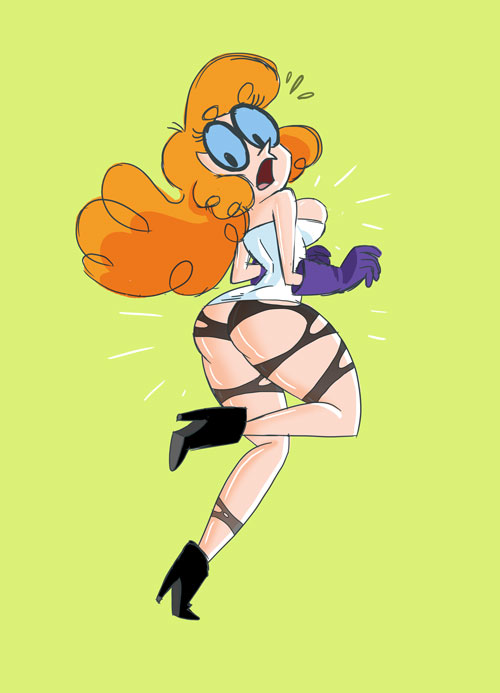 ass big_breasts black_eyes blush boots breasts bubble_butt cleavage dexter dexter's_laboratory embarrassing genderswap glasses gloves green_background long_hair looking_back looking_down nerd orange_hair shiny shiny_skin solo surprise torn_clothes torn_clothing wardrobe_malfunction