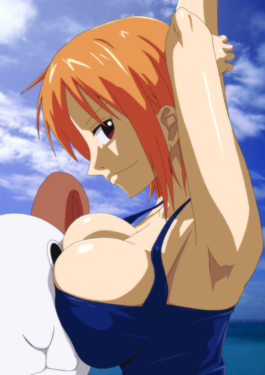 1girl areola big_breasts breasts censored erect_nipples kyabakurabakufu legs looking_down nami nude one_piece orange_hair pirate pussy red_eyes short_hair sitting solo spread_legs thighs