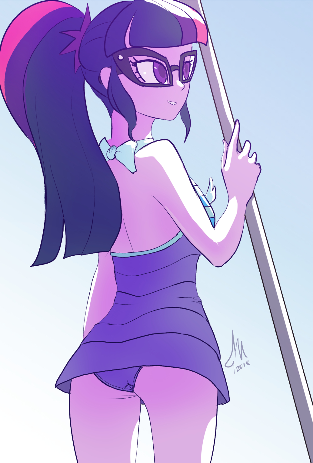 1_girl 1girl 2018 ass bespectacled equestria_girls female female_only friendship_is_magic glasses long_hair mostly_nude my_little_pony one-piece_swimsuit ponytail purple_skin raikoh_(artist) sci-twi solo standing swimsuit twilight_sparkle twilight_sparkle_(mlp)