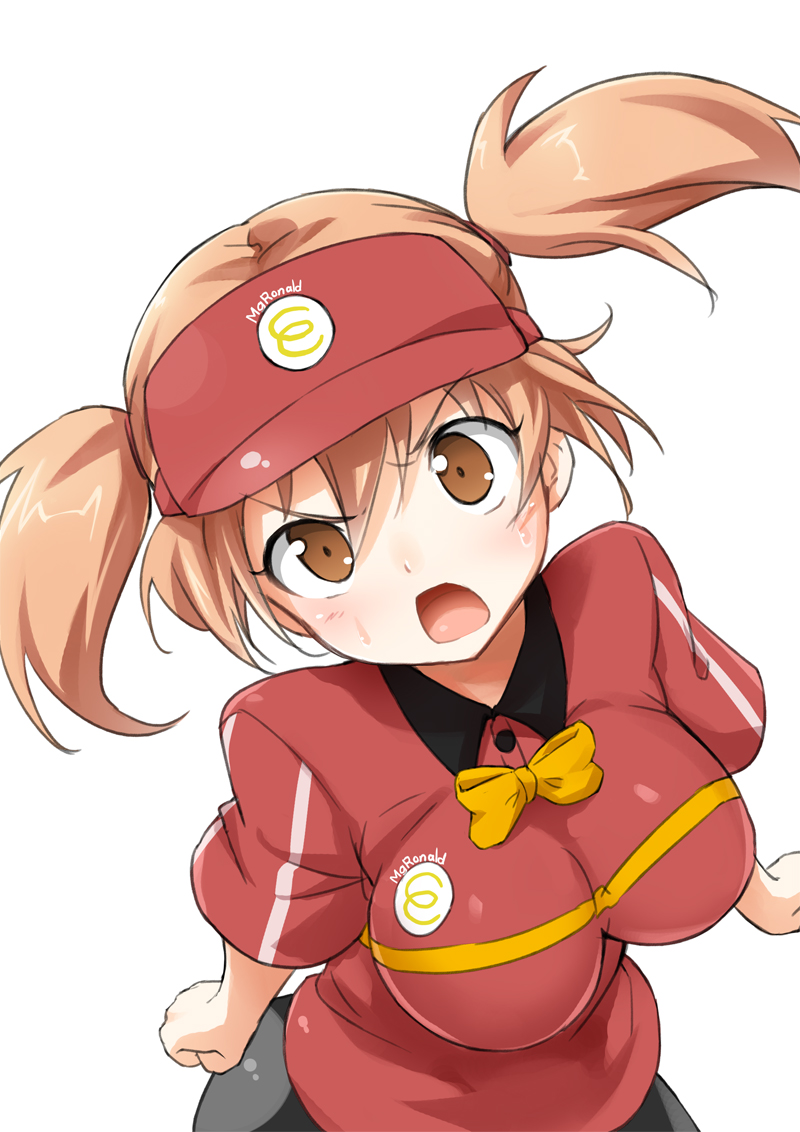 1girl alternate_breast_size blush breasts brown_eyes brown_hair clothes_writing employee_uniform fast_food_uniform hataraku_maou-sama! large_breasts older oozora_itsuki open_mouth polo_shirt sasaki_chiho short_hair short_twintails simple_background solo twintails uniform visor_cap white_background