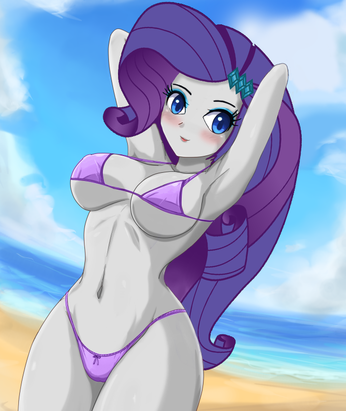 1_girl 1girl beach bikini blue_eyes blush breasts equestria_girls female female_only friendship_is_magic long_hair long_purple_hair looking_at_viewer mostly_nude my_little_pony outdoor outside purple_hair rammbrony rarity rarity_(mlp) sigurdhosenfeld solo standing