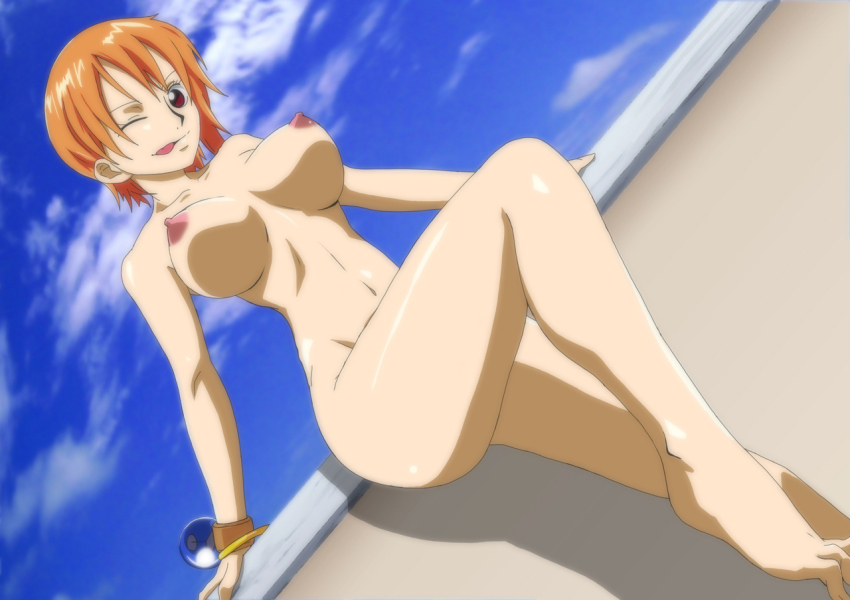 1girl alluring areola big_breasts breasts censored erect_nipples kyabakurabakufu legs looking_down nami nami_(one_piece) nude one_piece orange_hair pirate pussy red_eyes short_hair sitting solo spread_legs thighs