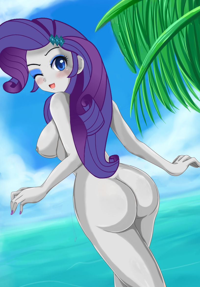 1_girl 1girl ass beach bikini blue_eyes blush breast equestria_girls female female_only friendship_is_magic long_hair long_purple_hair looking_at_viewer mostly_nude my_little_pony one_eye_closed outdoor outside purple_hair rammbrony rarity rarity_(mlp) sideboob sigurdhosenfeld solo standing