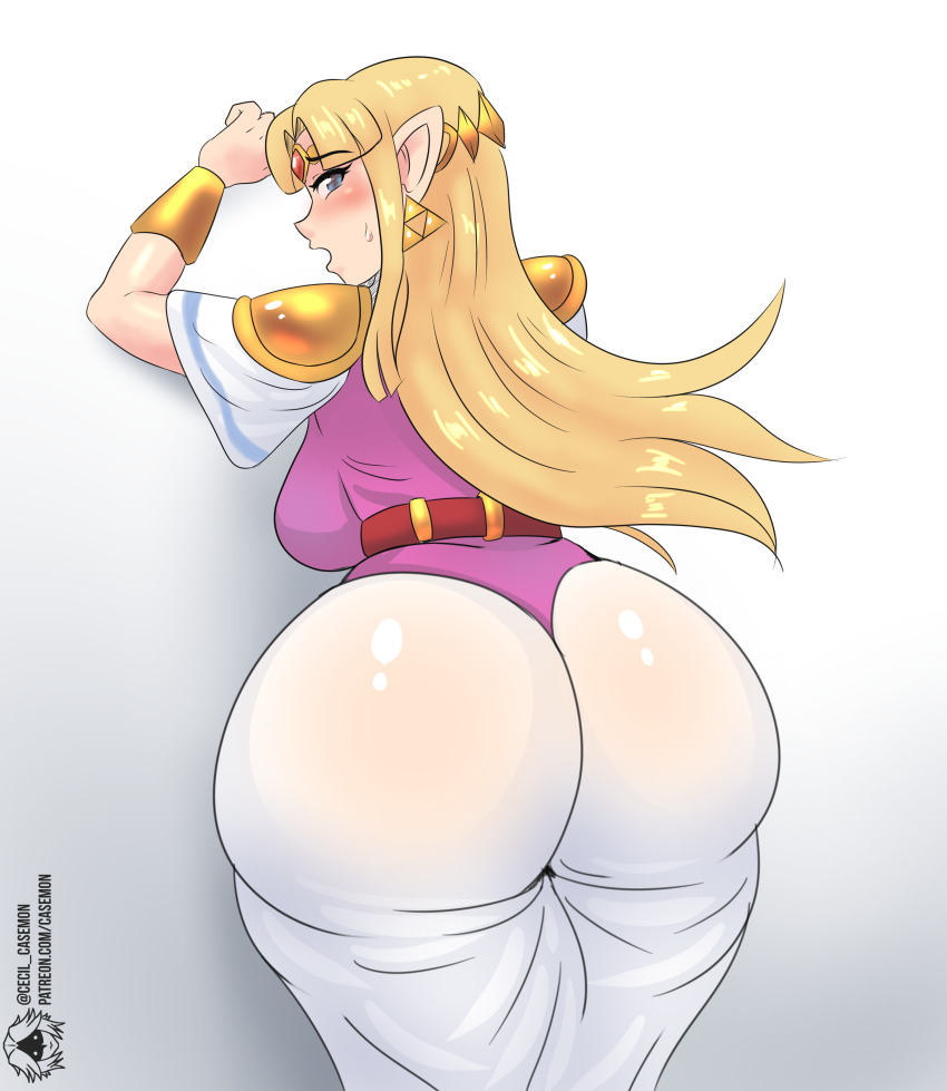 1_girl 1girl ass big_ass blonde_hair blush clothed dress embarrassed female female_only gem jewelry long_hair looking_back princess_zelda solo standing the_legend_of_zelda