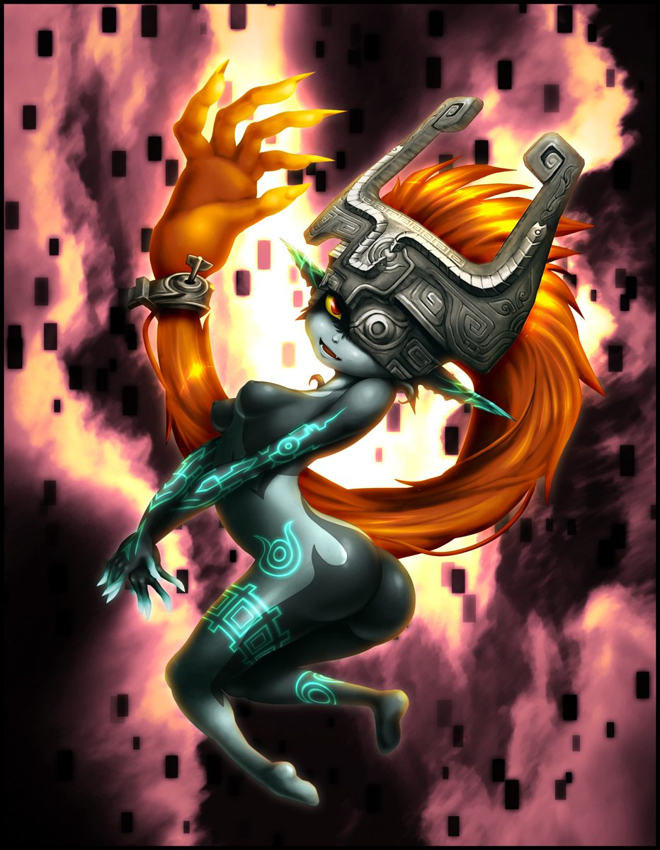 1girl arched_back ass blue_skin breasts elf elf_ears erect_nipples fang helmet highres imp living_hair long_hair low-tied_long_hair midna neon_trim nintendo nipples one_eye_covered open_mouth orange_hair parted_lips pointy_ears prehensile_hair red_eyes sitting smile solo the_legend_of_zelda the_legend_of_zelda:_twilight_princess twilight_princess v_arms very_long_hair yellow_sclera yuqoi