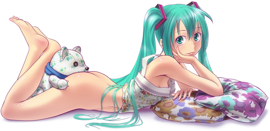 1girl aqua_eyes aqua_hair ass back barefoot blue_eyes bottomless breasts butt_crack camisole chin_rest cushion feet fingernails hand_rest hatsune_miku legs lips long_hair looking_at_viewer lying miku_hatsune no_panties on_stomach pillow scarf sexually_suggestive sideboob simple_background soles solo stuffed_animal stuffed_toy teddy_bear transparent_background twintails very_long_hair vocaloid wallpaper white_background wokada
