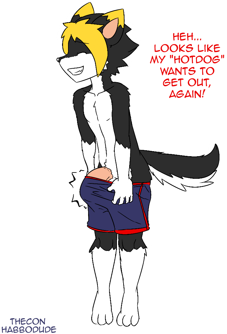 anthro bulge canine closed_eyes dog english_text erection habbodude hair male penis smile solo text thecon two_tone_hair undressing