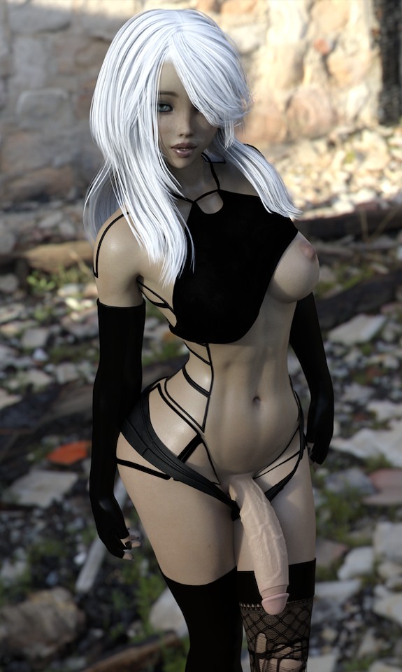 1futa 3d a2 abs areola balls_in_panties big_breasts black_lingerie breasts curvy elyria_steele erect_nipples flaccid futa_only futa_sans_balls futanari gloves hair_over_one_eye half-erect hand_on_hip large_penis looking_at_viewer nier nier:_automata nipples one_breast_out panties penis penis_out realistic solo_futa stockings thighhighs veiny_penis white_hair yorha_type_a_no._2