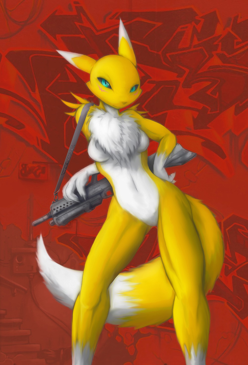 1_anthro 1_female 1_female_anthro 1girl 3_fingers anthro anthro_canine anthro_fox anthro_vixen breasts canine cyan_eyes darkdoomer digimon featureless_crotch female female_anthro female_anthro_fox female_only female_renamon fox front_view fur furry looking_at_viewer nude renamon rifle slit_pupils smile solo spread_legs standing tail toei_animation very_high_resolution vixen weapon white_fur yellow_fur yin_yang