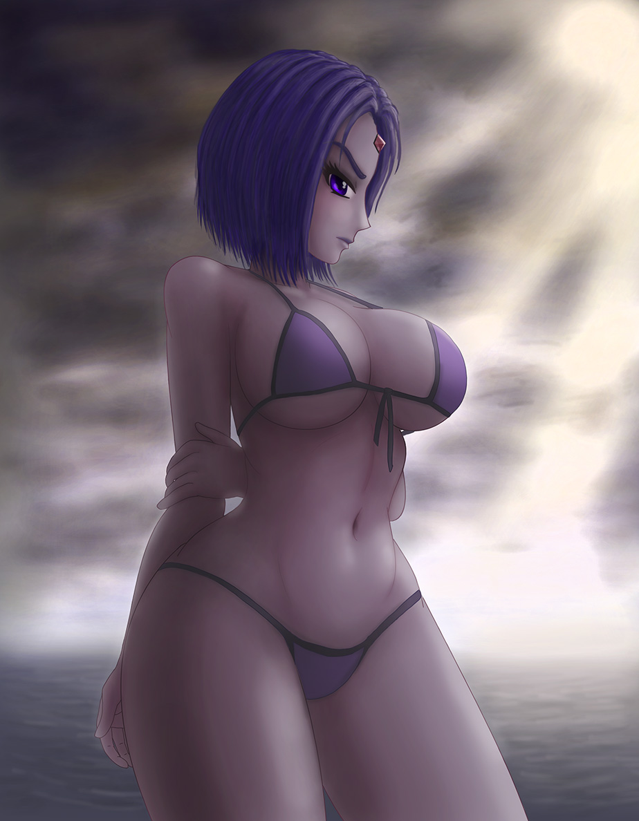 1female 1girl big_breasts bikini breasts cleavage dc_comics detailed_background female_only front_view hand_on_arm huge_breasts koriand'r looking_at_side looking_at_viewer ocean pinup purple_bikini purple_bra purple_eyebrows purple_eyes purple_hair purple_panties purple_skin purple_swimsuit rachel_roth raven_(dc) saf-404 safartwoks safartworks serious_look short_hair side_view swimsuit teen_titans wide_hips widescreen