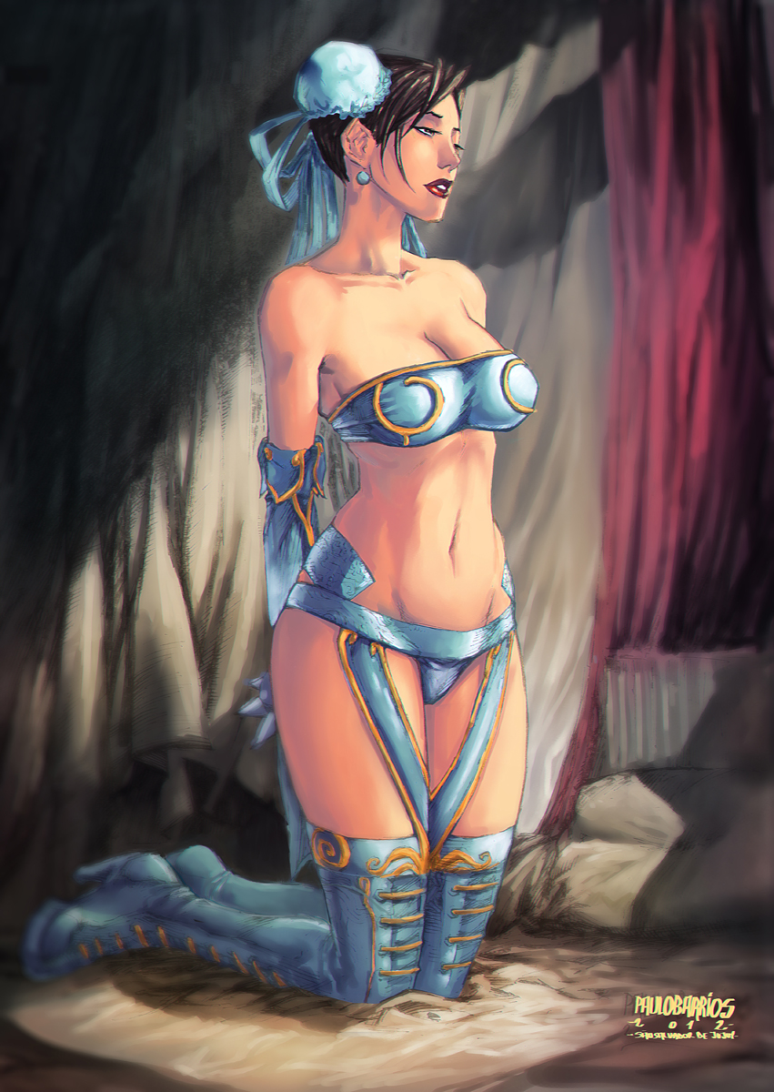 1girl adapted_costume anotherartistmore_(artist) arms_behind_back bare_shoulders blue_bra blue_panties boots bra breasts brown_hair bun_cover capcom chun-li cleavage cross-laced_footwear double_bun earrings elbow_gloves gloves hair_bun half-closed_eyes high_heel_boots high_heels highres jewelry kneeling lace-up_boots lips lipstick makeup midriff natural_sap navel panties paulo_barrios short_hair solo strapless street_fighter thigh_boots thighhighs tubetop underwear
