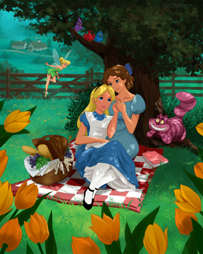 alice alice_in_wonderland breasts cheshire_cat crossover disney food mandygirl78_(artist) peter_pan picnic smile tinker_bell wendy_darling