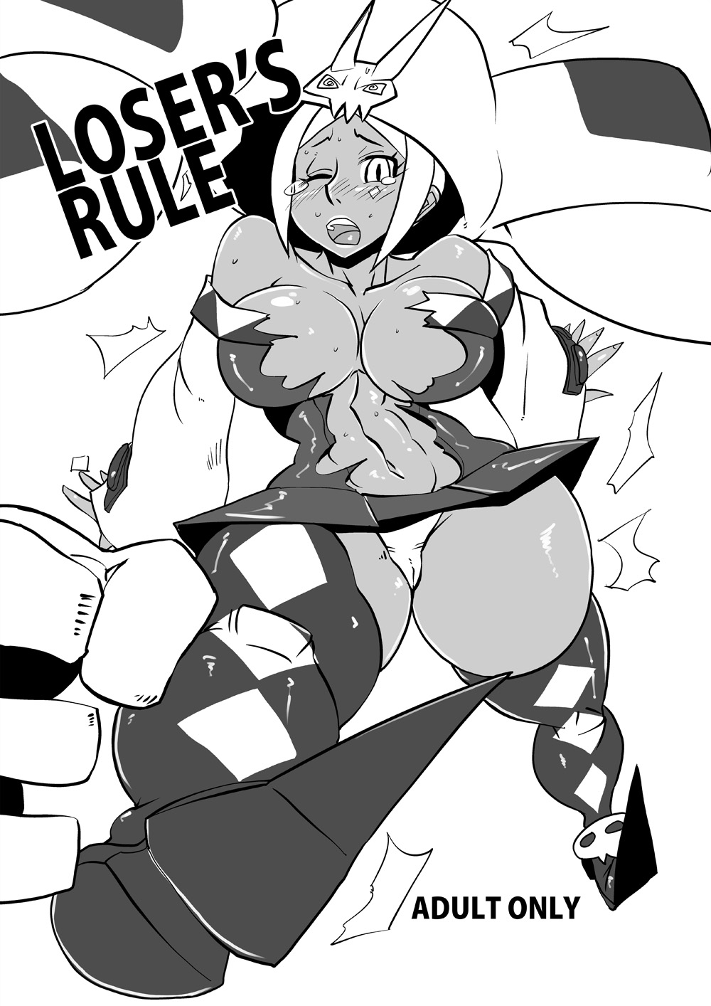1girl ass blush boots breasts cameltoe cerebella_(skullgirls) cleavage dark-skinned_female dark_skin detached_sleeves english highres huge_breasts jackasss large_breasts monochrome muscle navel nude_female open_mouth panties skull skullgirls solo tears thigh_boots thighhighs torn_clothes underwear vice-versa_(skullgirls) white_panties wince