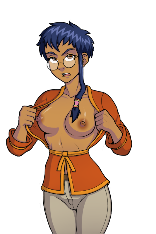 1girl bespectacled breasts exposed_breasts female female_only glasses looking_at_viewer no_bra open_clothes pants partially_clothed round_eyewear solo standing taranee_cook transparent_background w.i.t.c.h.