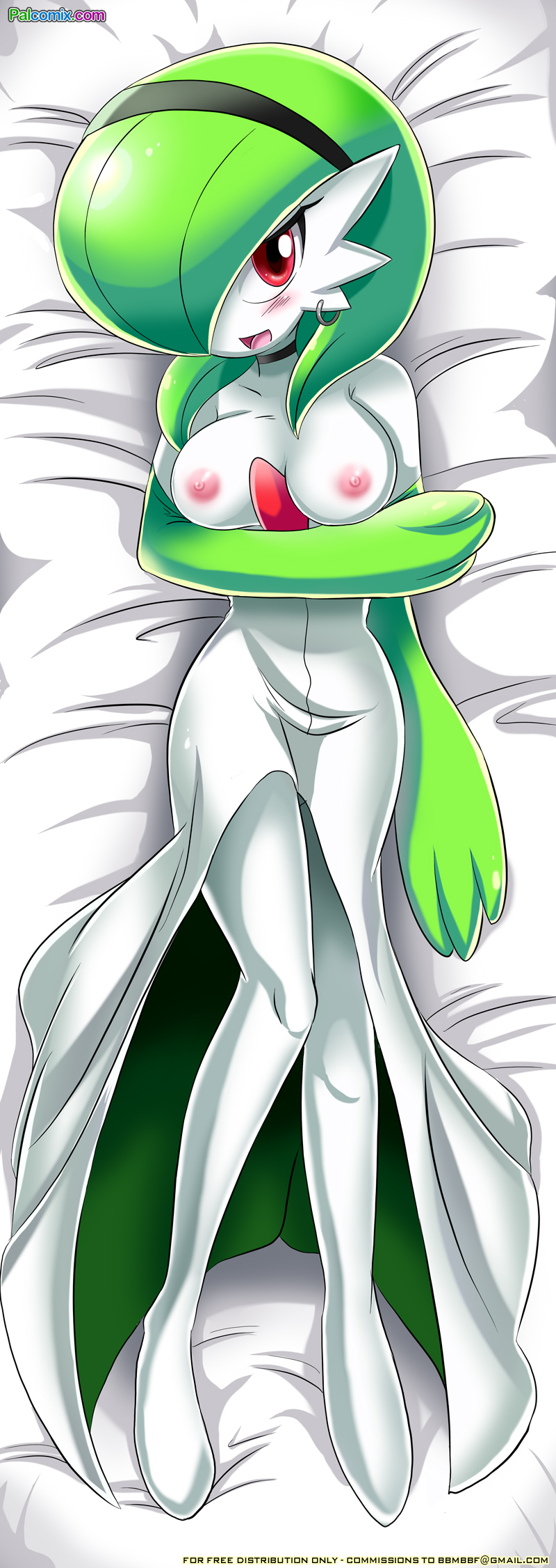 bbmbbf blush breasts ear_piercing female gardevoir green_hair hair looking_at_viewer nintendo nipples palcomix piercing pokemon pokepornlive red_eyes smile solo video_games
