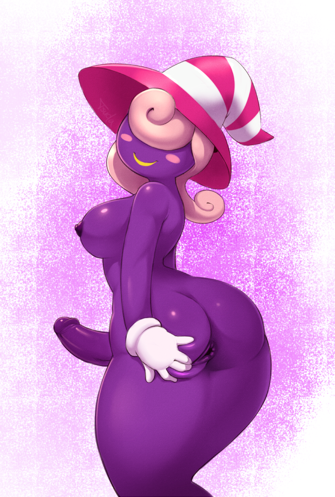 anus areolae ass big_ass big_breasts big_penis breasts female full-package_futanari futanari ghost ghost_girl looking_at_viewer looking_back nintendo nipples nude paper_mario paper_mario:_the_thousand_year_door penis purple_skin shadow_siren solo striped_hat super_mario_bros. trap tsudanym vivian_(paper_mario) witch_hat