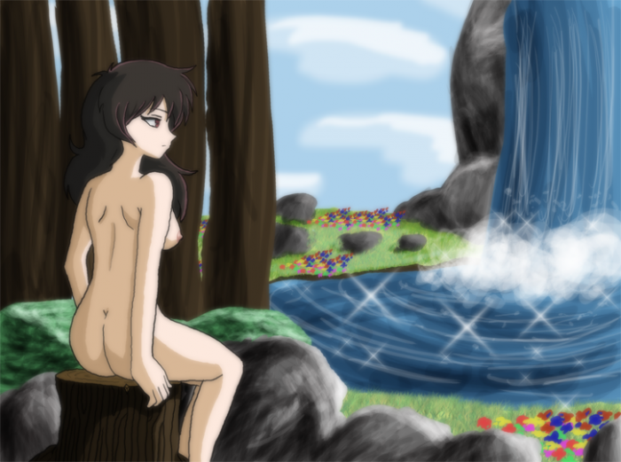 1_girl arm arms art ass back bare_back bare_shoulders black_hair breasts female flower grass lake legs log nature nipples nude princess_tutu red_eyes rock rue_(princess_tutu) serious sitting sketch solo stone water waterfall