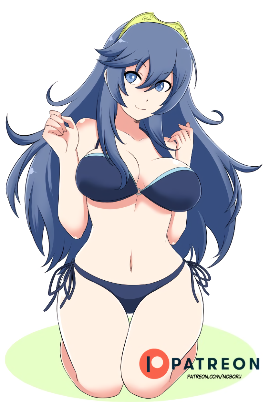 1girl alluring big_breasts bikini blue_bikini blue_swimsuit breasts cleavage female_only fire_emblem fire_emblem:_awakening fire_emblem_awakening kneel lucina lucina_(fire_emblem) nintendo noboru swimsuit thick_thighs wide_hips