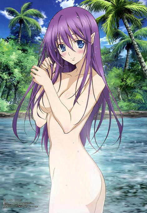 1girl absurd_res adjusting_hair aoi_sekai_no_chuushin_de ass bangs blue_eyes blush body_blush breasts bush censor_hair censored cleavage cloud coconut convenient_censoring female female_only forest fujii_maki hair_between_eyes hair_over_breasts hand_in_hair high_res jungle long_hair looking_at_viewer looking_back megami nature navel nel_(aoi_sekai_no_chuushin_de) nude official_art outside palm_tree pointy_ears profile public_nudity purple_hair scan sky smile solo_female sparkle standing steam tree turnaround very_long_hair water wet wet_hair