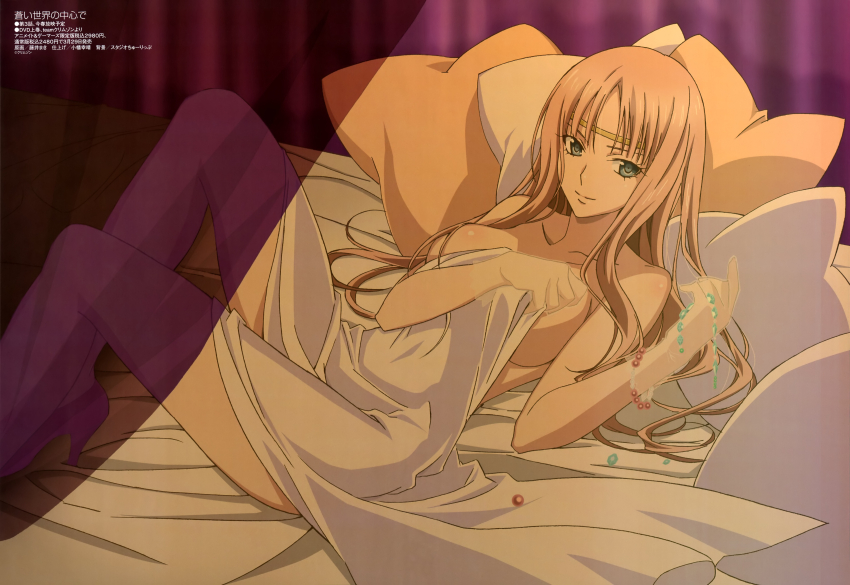 1girl absurd_res aoi_sekai_no_chuushin_de bed blonde_hair circlet covering covering_breasts cushion female female_only high_heels high_res jewelry long_hair looking_at_viewer megami official_art pillow ramses_(aoi_sekai_no_chuushin_de) shoes smile solo_female