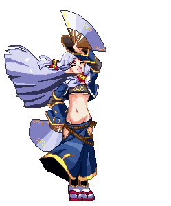1girl animated animated_gif banpresto bell blue_hair fan flat_chest gif hair_ornament horn long_hair lowres midriff open_mouth pixel_art ribbon small_breasts sprite super_robot_wars super_robot_wars_og_saga_mugen_no_frontier suzuka_hime tubetop