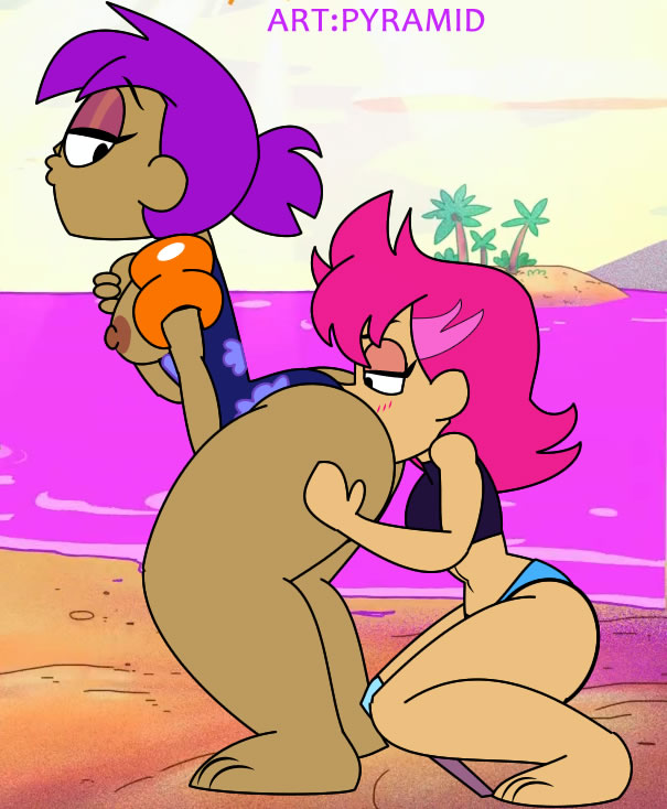 ass_worship beach big_ass enid hand_on_breast hands_on_ass legs ok_k.o.!:_let's_be_heroes one_leg purple_hair pussylicking pyramid_(artist) red_action red_hair rimjob swimsuit yuri