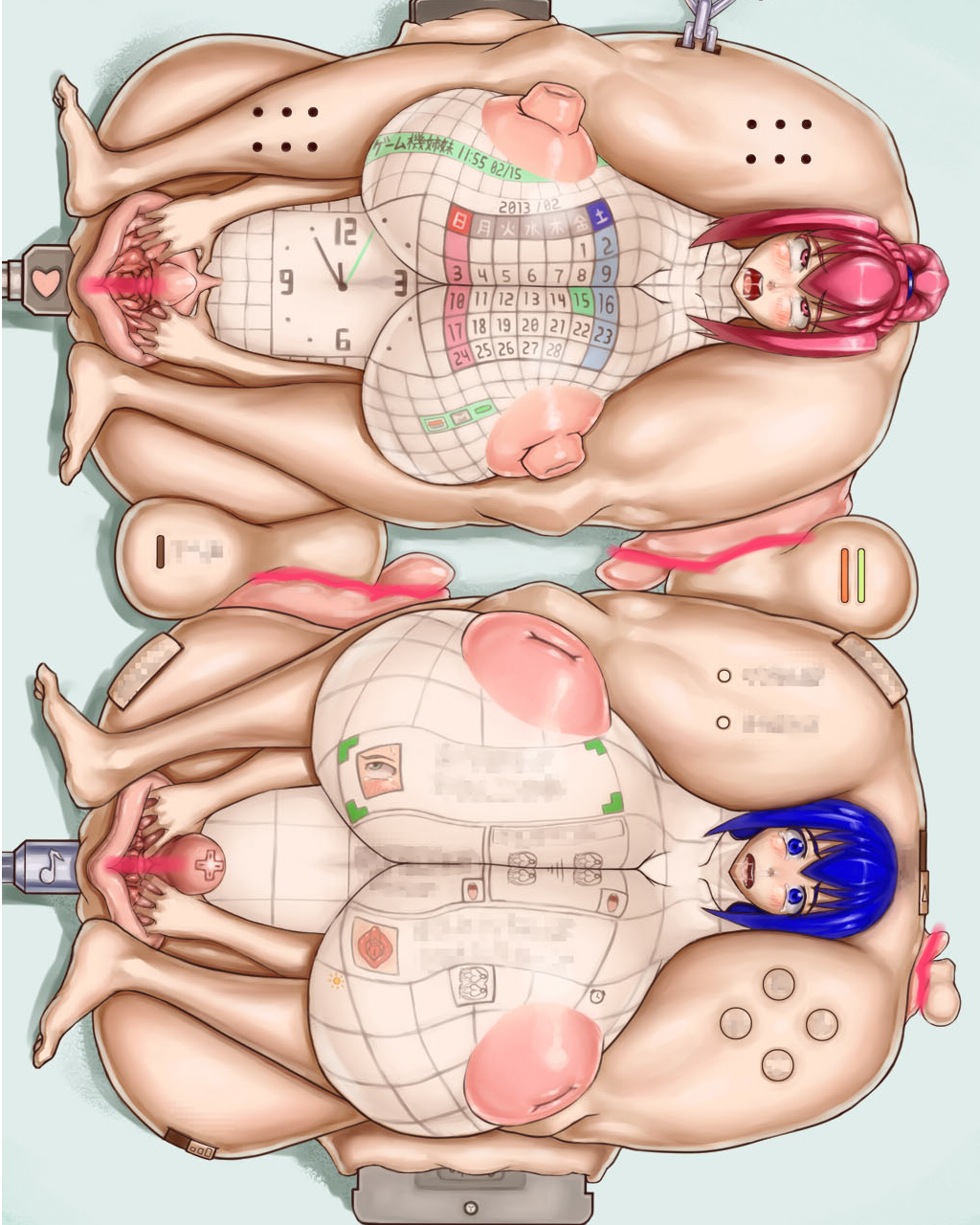 2_girls 2girls anal anal_insertion anal_object_insertion areolae blue_eyes blue_hair blush body_modification breasts calendar censored chains cleavage clock contortion d-pad daruma_(artist) flexible game_console gigantic_breasts heart huge_breasts huge_clitoris huge_nipples inverted_nipples large_areolae led light_censo light_censor loudspeaker multiple_girls musical_note nintendo nintendo_3ds nintendo_ds nipples object_insertion open_mouth plug puffy_nipples pussy red_eyes red_hair shaved_pussy socket spread_pussy tan tan_line what wire wtf
