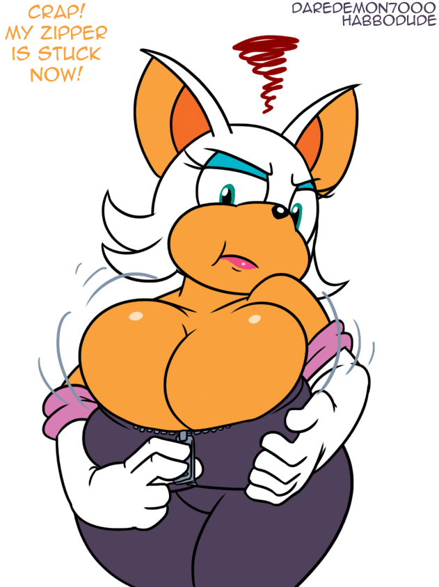 annoyed anthro bat big_breasts blue_eyes breasts cleavage daredemon7000 english_text female habbodude hair huge_breasts rouge_the_bat sega solo sonic_(series) text white_hair