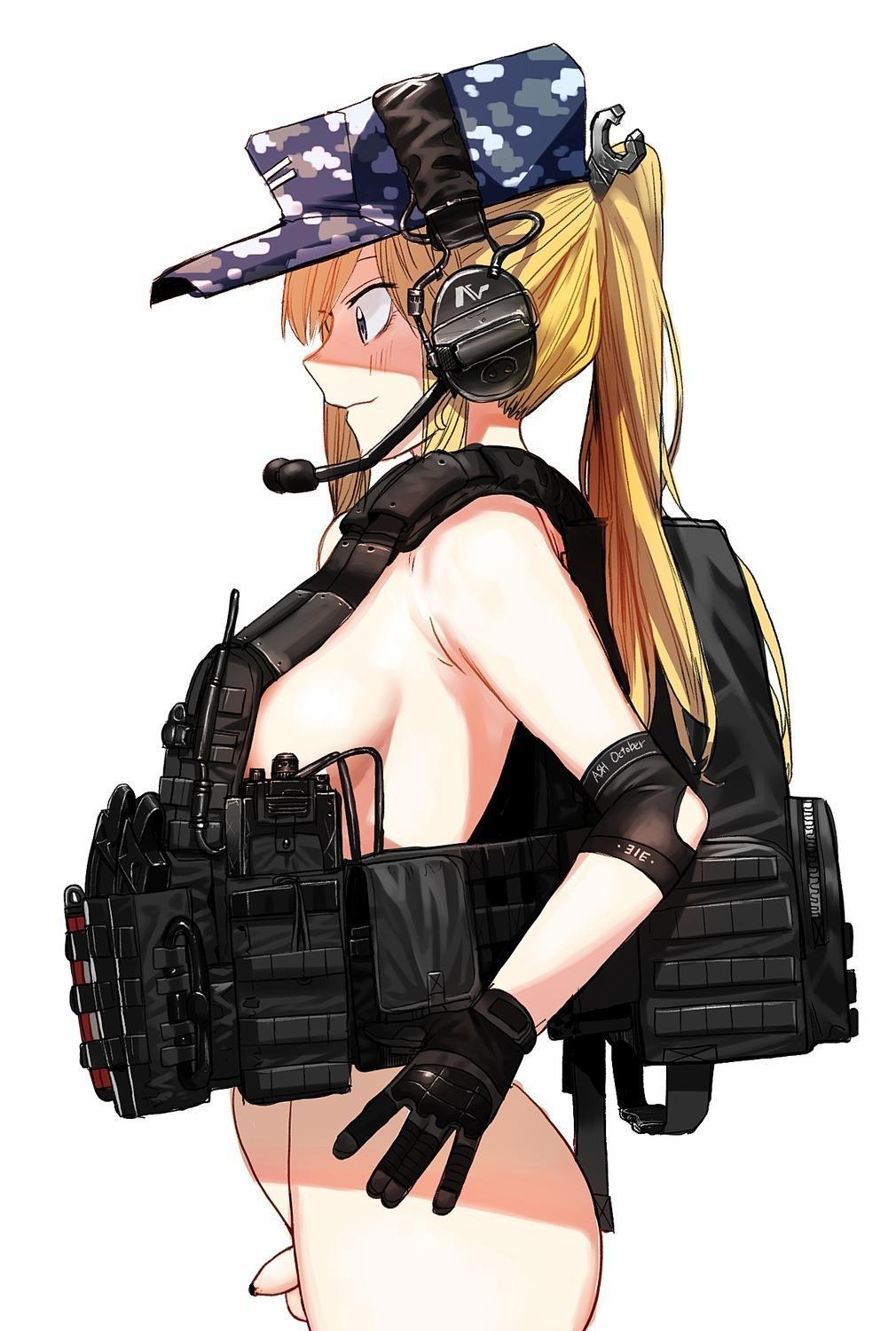 blonde_hair blush edit futanari gloves headset military_hat ponytail sideboob vest