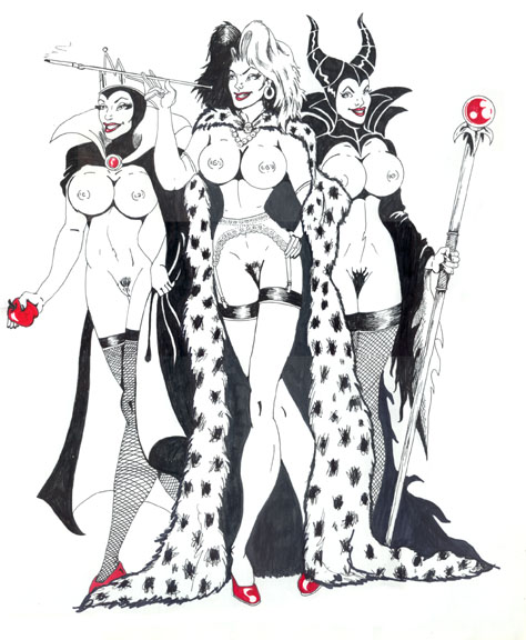 101_dalmatians apple babe big_breasts breasts cigarette cigarette_holder crossover crown cruella_de_vil disney maleficent pussy queen_grimhilde sleeping_beauty smile smoke smoking snow_white_and_the_seven_dwarfs stockings white_background witch