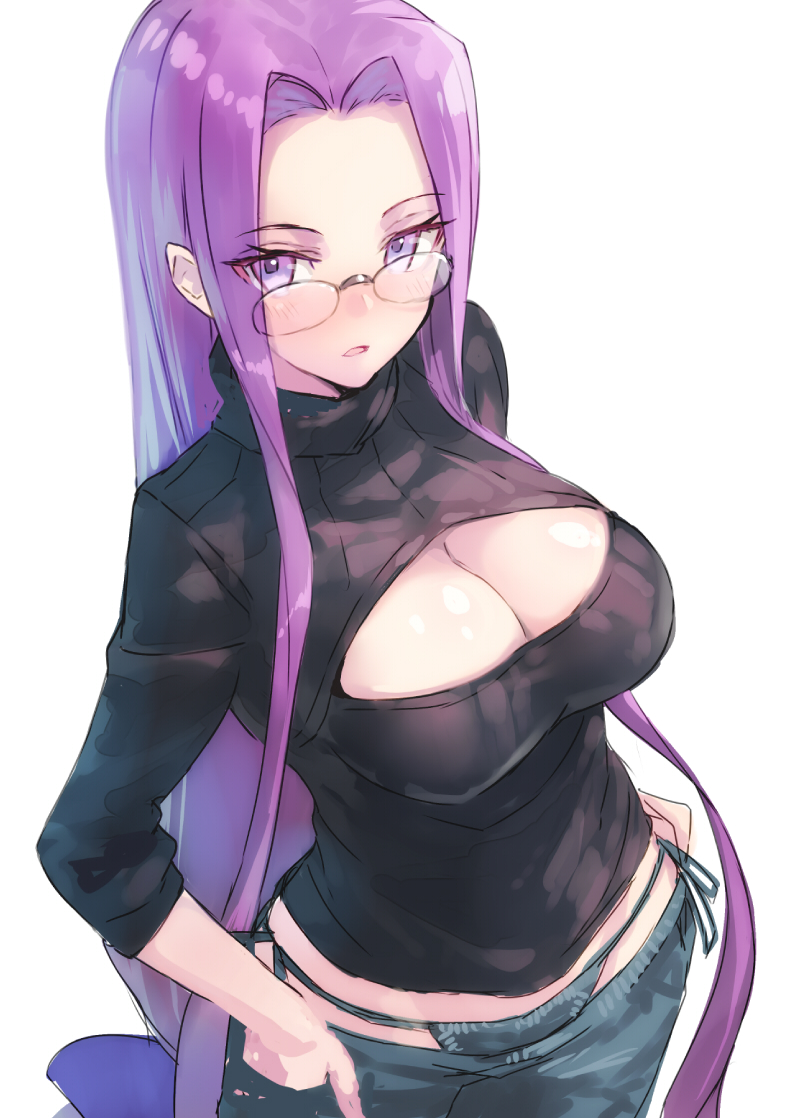 1girl blush breasts cleavage cleavage_cutout denim fate/stay_night fate_(series) glasses hands_in_pockets jeans large_breasts long_hair looking_at_viewer lowleg lowleg_pants open-chest_sweater open_mouth panties pants purple_eyes purple_hair rider shirabi_(life-is-free) side-tie_panties simple_background sweater turtleneck underwear very_long_hair white_background