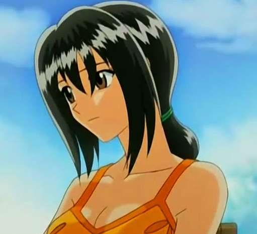 1girl black_hair breasts camisole cattleya_glory cleavage female long_hair ponytail rave_master sad solo
