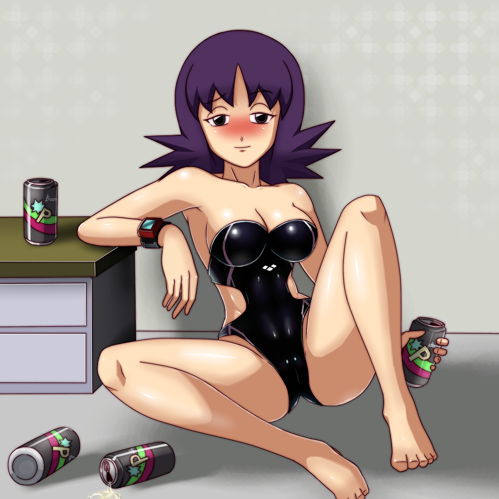 1girl arm arm_rest armpits arms art bare_arms bare_legs bare_shoulders barefoot beer big_breasts black_eyes black_swimsuit blush breasts can cleavage closed_mouth collarbone deadmoon deadmoon_(kein2002) dresser drink drunk feet holding holding_can indoors knee_up legs looking_at_viewer neck nintendo on_floor one-piece_swimsuit pokemon pokemon_(anime) professor_ivy purple_hair shadow short_hair sitting smile spread_legs strapless strapless_swimsuit swimsuit uchikido_(pokemon) watch