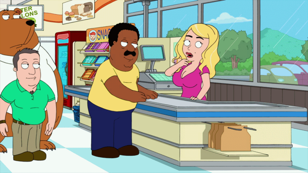 big_boob_june big_breasts blonde_hair bouncing_breasts breasts cleavage cleveland_brown clothes funny gif hair holt_richter long_hair mole the_cleveland_show tim_the_bear